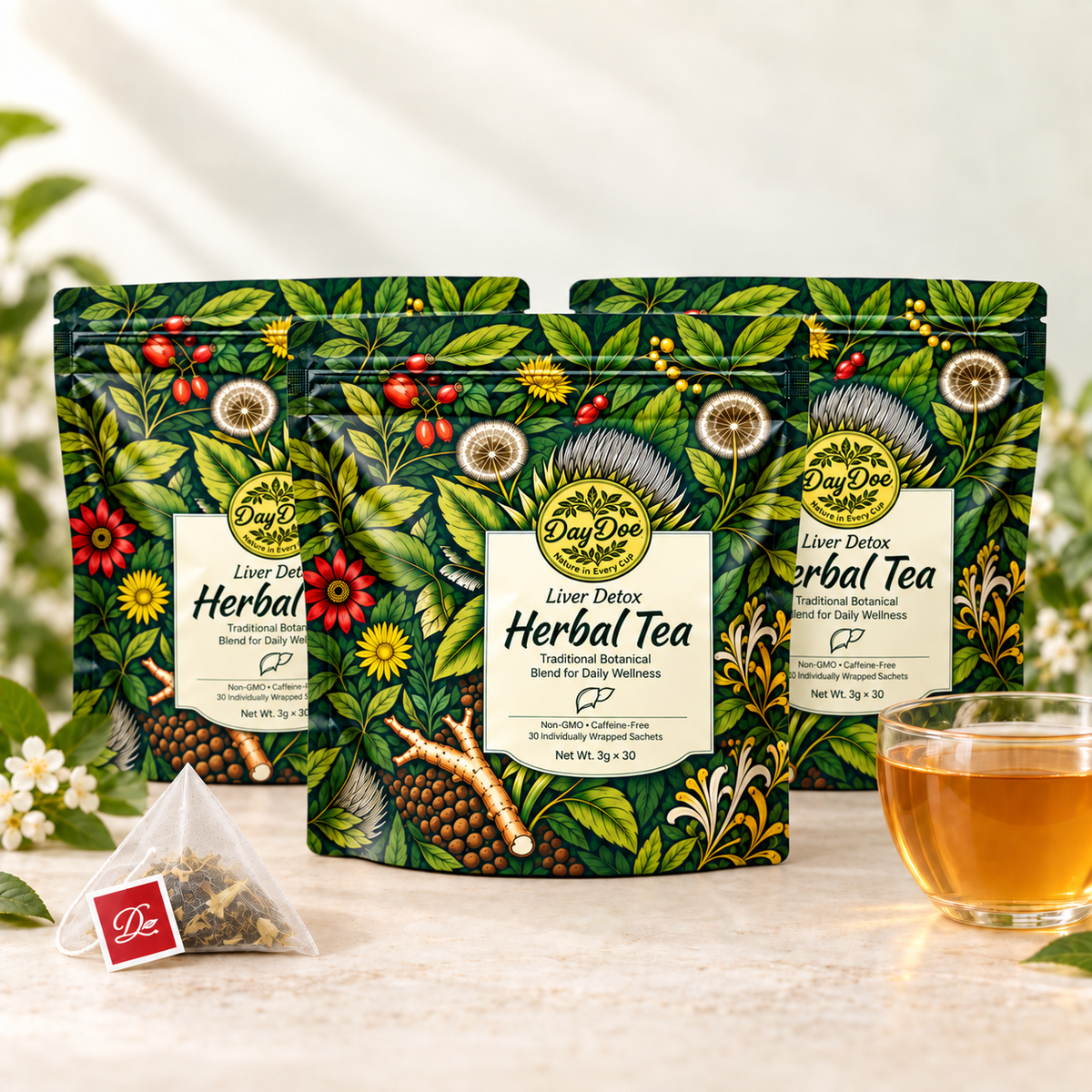 Three pouches of DayDoe Herbal Tea with a cup of tea